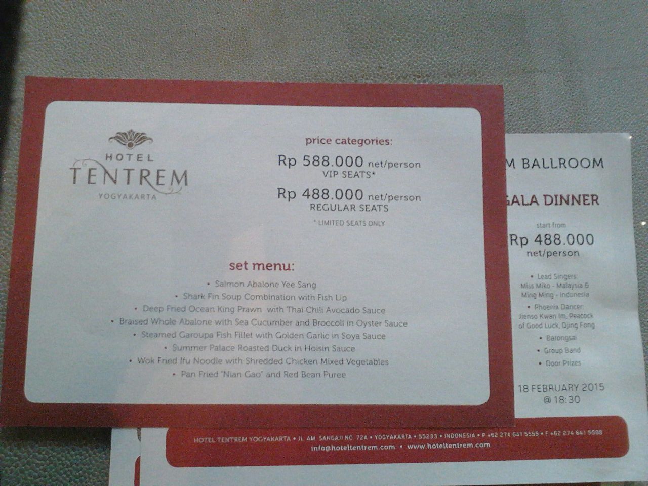 Undangan perayaan imlek di Hotel Tentrem Jogja dengan menu sirip hiu. Foto : Tommy Apriando