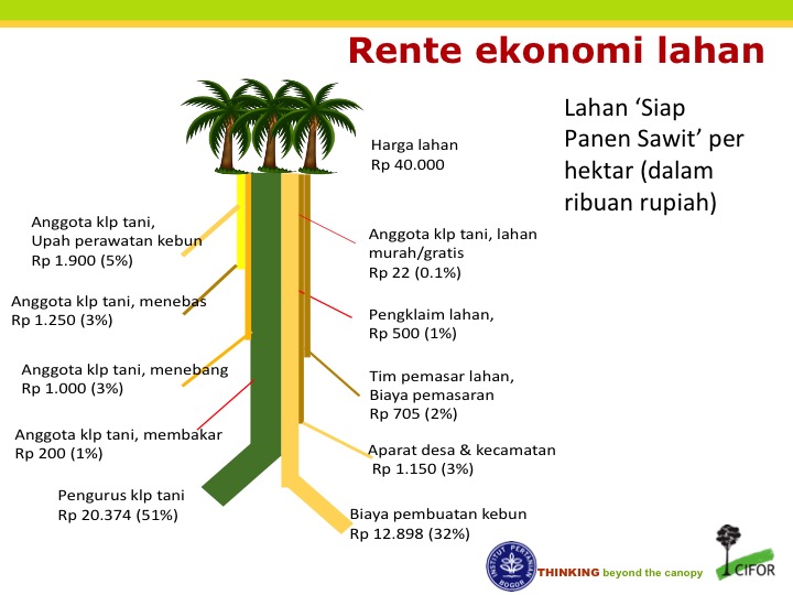Rente ekonomi lahan. Lahan menjadi mahal setelah habis dibakar, dan lebih mahal lagi setelah ditanami sawit. Sumber: presentasi Herry Purnomo