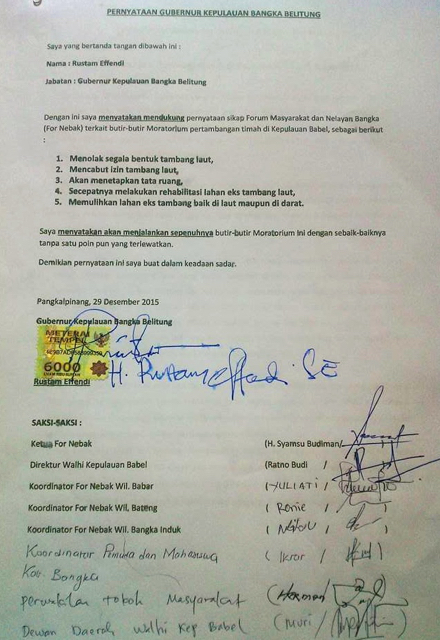 Surat pernyataan Gubernur Babel. Foto: Walhi Babel