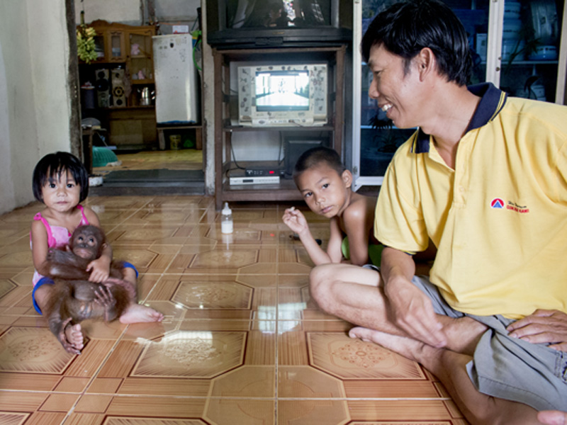 Dahlan (baju kuning) melihat anaknya yang enggan menyerahkan Joss, saat dievakuasi oleh YIARI dan BKSDA Kalbar. Foto: Aseanty Pahlevi
