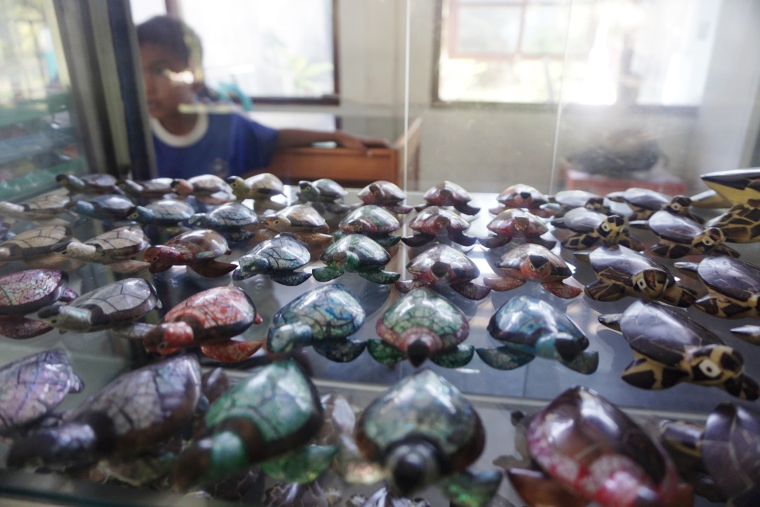 Aneka suvenir yang dijual di Pusat Konservasi dan Pendidikan Penyu (Turtle Conservation and Education Center / TCEC), yang berada di Pulau Serangan, selatan Kota Denpasar, Bali. Foto : Anton Muhajir