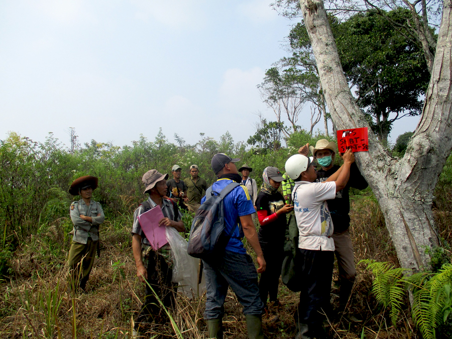 Anggota Gabungan Kelompok Tani HKm di Desa Air Dingin, Lebong melakukan penataan batas kelompok, pada November 2015. Foto: Dedek Hendry