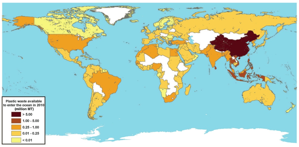 Peta negara-negara pembuang sampah plastik di lautan. Courtesy: Jenna R. Jambeck et al