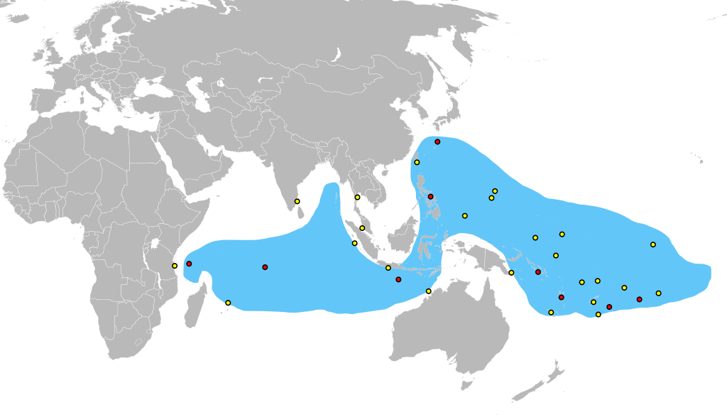 Peta persebaran kepiting kelapa. Sumber : wikimedia