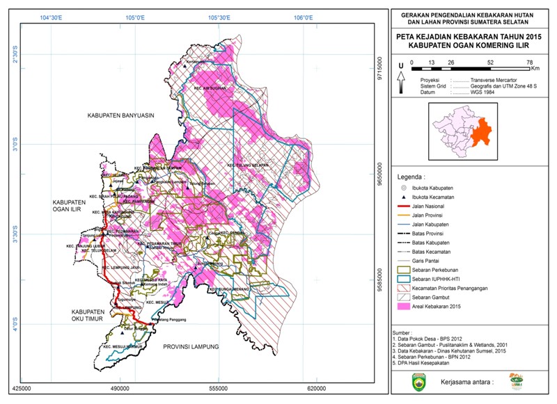 Peta lokasi kebakaran gambut di OKI yang akan direstorasi. Peta: Bapedda Sumsel