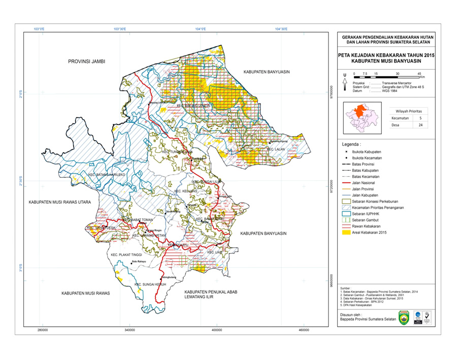 Peta lokasi kebakaran gambut di Muba yang akan direstorasi. Peta: Bapedda Sumsel