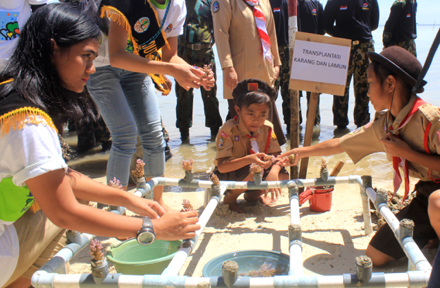 Transplantasi karang dan lamun di Pulau Karya, Kepulauan Seribu. Foto: Lusia Arumingtyas