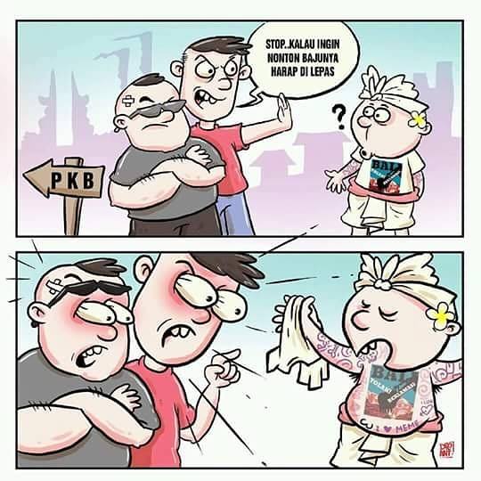sebuah karikatur menertawai tindakan pelarangan penggunaan baju tolak reklamasi Teluk Benoa Bali. Karya kartunis Dieant.  