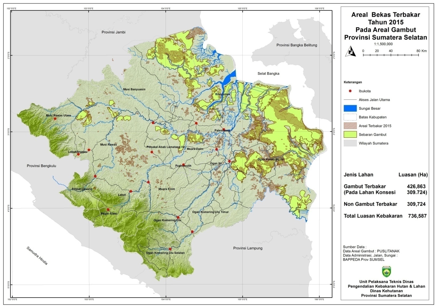 Area bekas terbakar tahun 2015 di Kabupaten OKI. Peta: UPTD Pengendalian Kebakaran Hutan dan Lahan Dinas Kehutanan Sumsel