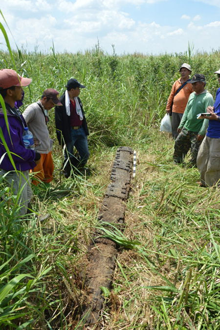 Bangkai papan dari sebuah kapal masa Kerajaan Sriwijaya yang ditemukan di lahan gambut sekitar Desa Simpang Tiga Sakti. Penemuan benda purbakala sejak awal abad ke-20. Foto: Balai Arkeologi Sumsel