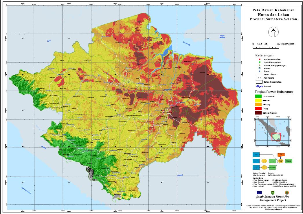 Lahan gambut yang warnanya coklat tua merupakan wilayah sering terjadi kebakaran. Lokasinya lebih banyak mendekati pantai timur Sumatera Selatan. Peta: South Sumatera Forest Fire Management Project (SSFFMP)