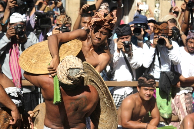 Ritual perang pandan di Desa Tenganan Pegringsingan, Karangasem, Bali. Atraksi perang pandan yang bermakna kesadaran untuk menjaga tanah, penghormatan pada dewa Indra simbol perang (keberanian) dan kesuburan. Foto : Luh De Suriyani