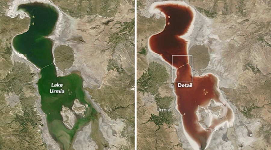 Perbandingan perubahan warna Danau Urmia Iran dari warna hijau menjadi merah. Sumber : NASA