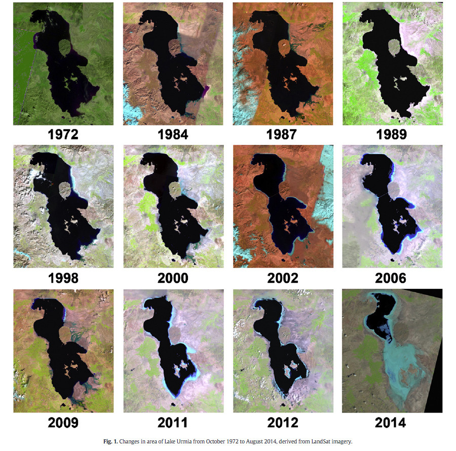 Seri foto citra Satelit Landsat dari Danau Urmia Iran dari Oktober 1972 sampai Agustus 2014 yang menunjukkan perubahan kondisi danau tersebut. Foto : Landsat/NASA