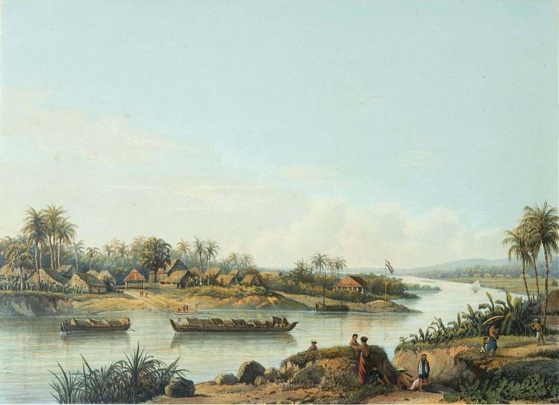 Bengawan Solo pada 1860-an (litografi berdasarkan lukisan oleh Abraham Salm). Sumber: Wikipedia/Tropenmuseum