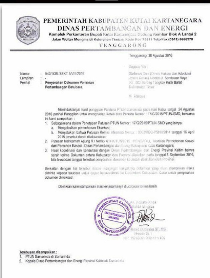 Surat penyerahan dokumen perizinan pertambangan batubara. Foto: Jatam Kaltim