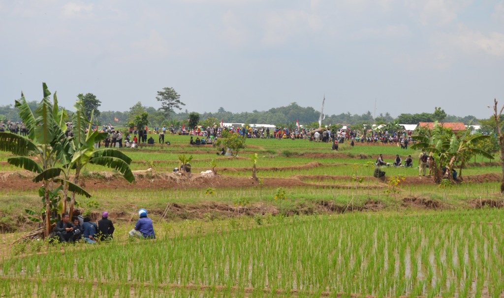Ratusan warga berkumpul di lahan sengketa yang akan digunakan untuk mega proyek pembangunana Bandara Internasional Jawa Barat (BIBJ) di Desa Sukamulya, Kecamatan Kertajati Kabupaten Majalengka, Kamis (17/11/2016). Menurut sebagian warga pembangunan BIBJ tersebut merugikan warga soal ganti rugi lahan dan rumah yang tidak sesuai. Foto : Adim.