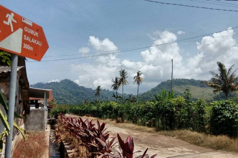 Gunung Salakan, dari kejauhan dan papan penunjuk arah untuk evakuasi tsunami dari Dusun Pancer. Warga Pancer begitu khawatir kala gunung tempat mereka menyelamatkan diri kala tsunami bakal jadi wilayah tambang emas. Foto: RZ Hakim/ Mongabay Indonesia