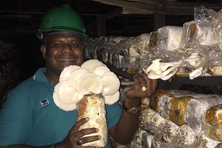 Frengki Duwit dan jamur tiram produksinya. Foto: dokumen Frengki Duwit