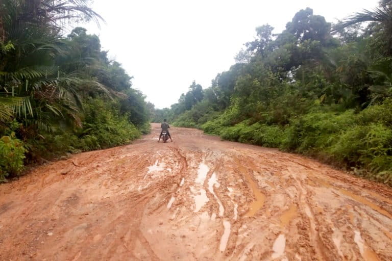 Jalan dari Desa Linau ke Sambau, Lingga. Kedua desa ini sudah ada izin kebun sawit belasan ribu hektar. Foto: Yogi Eka Sahputra /Mongabay Indonesia