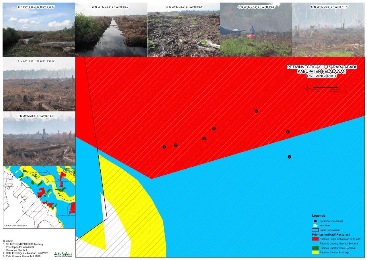 Temuan lapangan areal PT Arara Abadi yang terbakar di-overlay dengan peta indikatif prioritas restorasi gambut BRG. Warna merah menandakan zona prioritas restorasi paska kebakaran 2015-2017.Sumber: Jikalahari