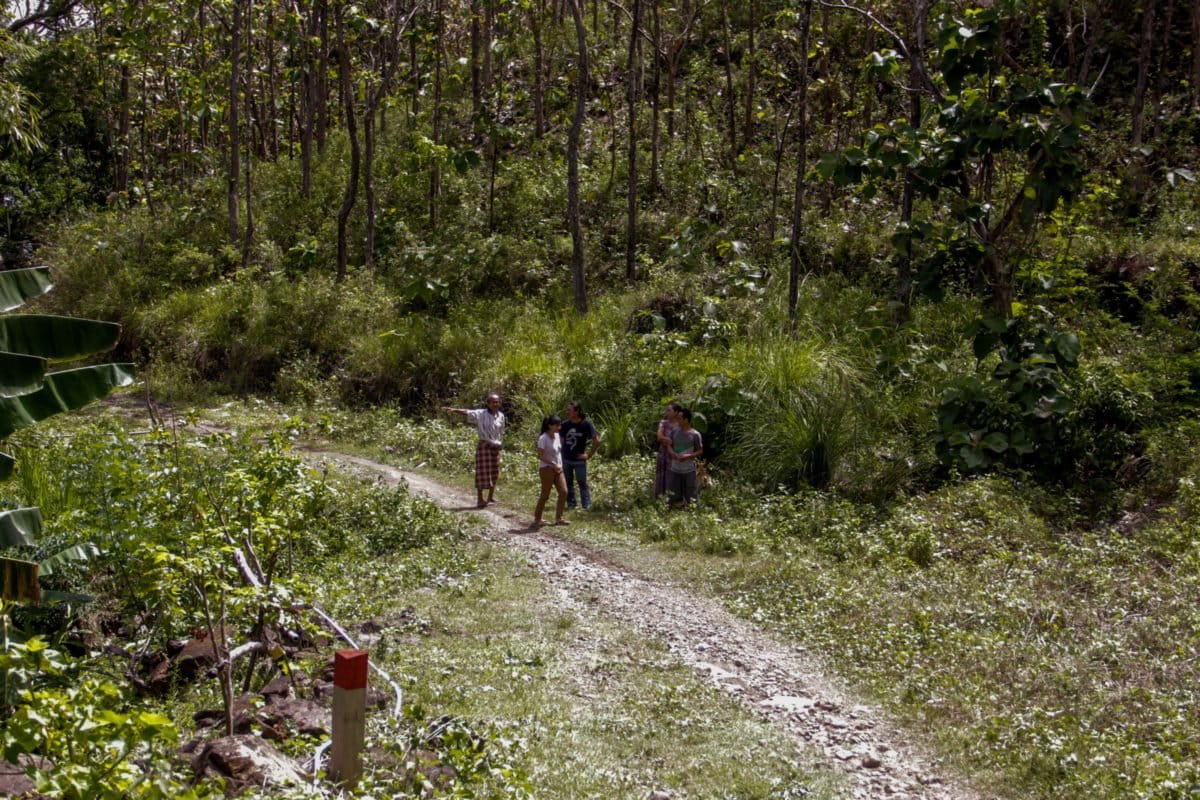 Nantu memperlihatkan, patok kawasan hutan dan menceritakan proses klam negara atas kebun mereka. Foto: Eko Rusdianto/ Mongabay Indonesia