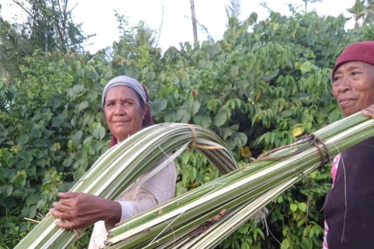 Para perempuana dat ai di Desa Wale mengambil pelepah daun sagu untuk dianyam menjadi tikar. Foto: M Ichi/ Mongabay Indonesia