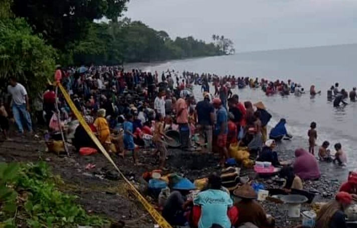 Warga berbondong-bondong mencari emas di Pantai Pohon Batu, Mauluku Tengah. Foto: screen shot video viral