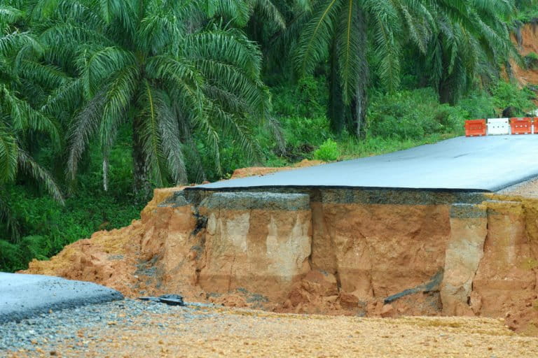 Ryas jalan yang terputus karena longsor di area perkebunan sawit di Bintan. Foto: Yogi Eka Sahputra/ Mongabay Indonesia