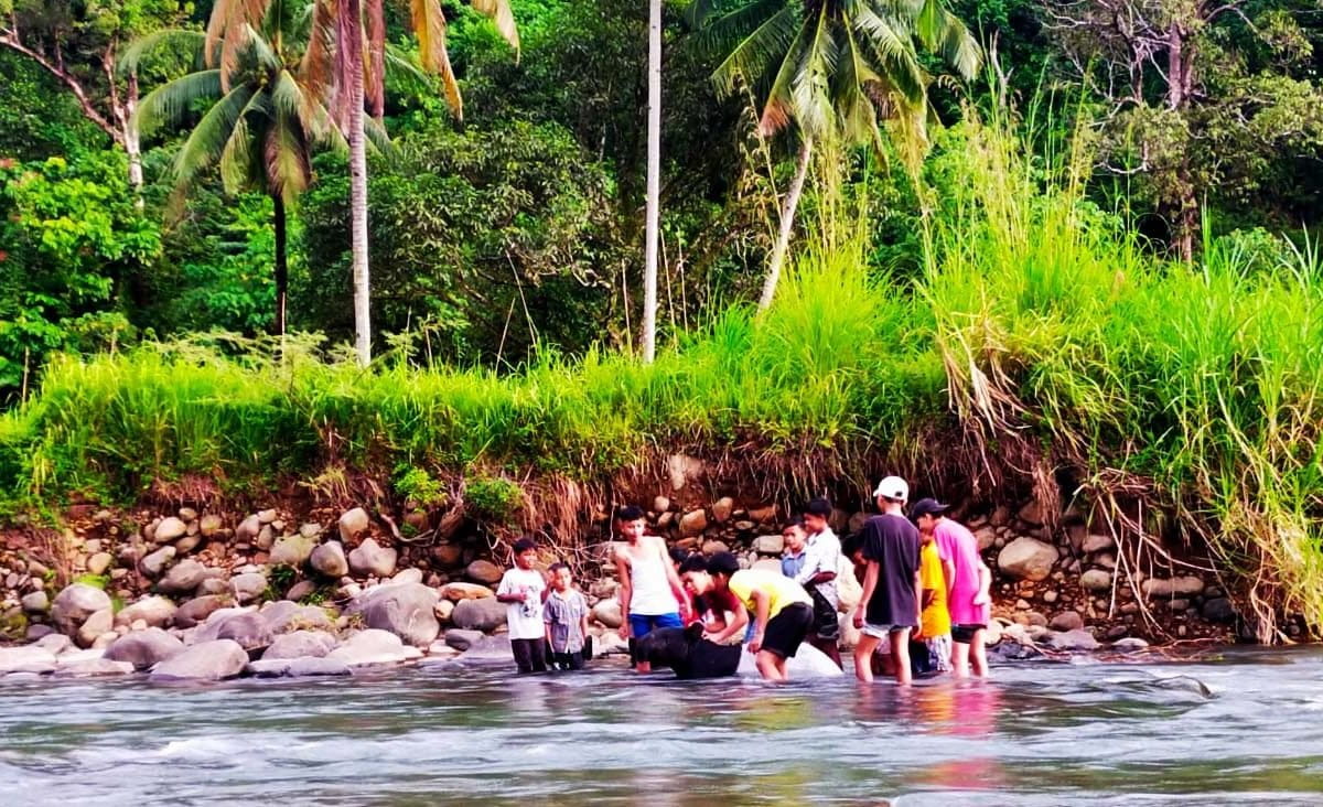 Warga mengerumini tapir yang berada di tepi sungai di Desa Batu Busuk. Foto: Vinolia/ Mongabay Indonesia