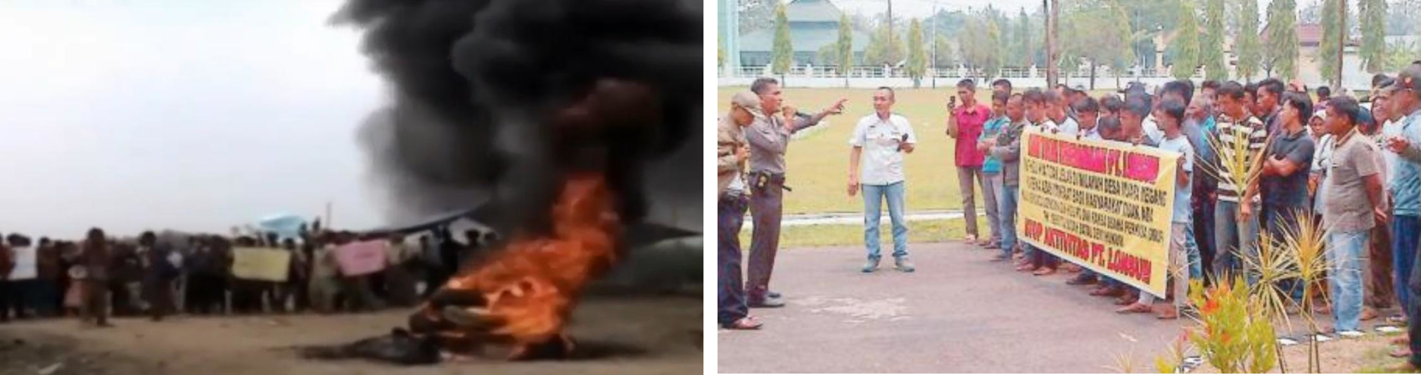 Protes terkait plasma di Kabupaten Banyuasin, Sumatera Selatan, pada 2014 (kiri) dan di Kabupaten Musi Rawas, Sumatera Selatan, pada 2015 (kanan). “Warga di desa ini, dari remaja hingga orang tua menunggu kabar baik tersebut,” kata warga Musi Rawas Saharudin kepada kami. Foto-foto (kiri ke kanan) dari Metro TV, TribunNews. 