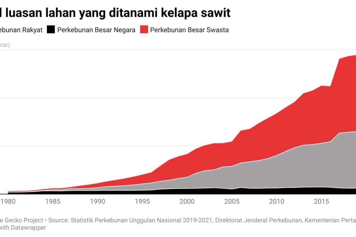 Luas lahan di Indonesia yang ditanami sawit bertambah pesat sejak 1990-an. Porsi perkebunan rakyat cukup besar dalam perluasan ini. Di data pemerintah ini, kategori “perkebunan rakyat” terdiri atas petani yang tercakup dalam skema plasma dan petani kecil yang membudidayakan sawit di lahan mereka sendiri tanpa terikat dengan perusahaan perkebunan. Sumber: Statistik Perkebunan Unggulan Nasional 2019–2021 (Direktorat Jenderal Perkebunan, Kementerian Pertanian)