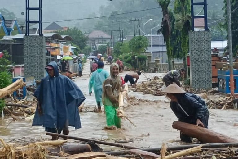Gelondongan kayu terseret banjir bandang di Desa Lebakharjo, Ampelgading, Kabupaten Malang. (Foto: PMI Kabupaten Malang).