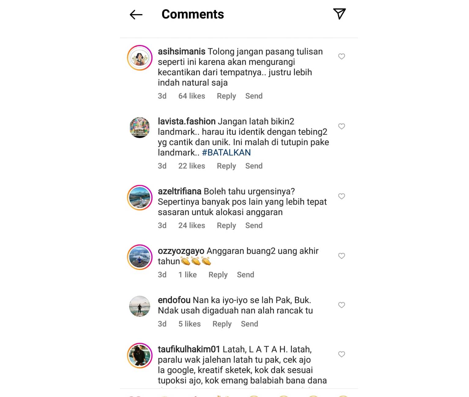 Respon sebagian netizen di postingan Instagram BKSDA Sumbar