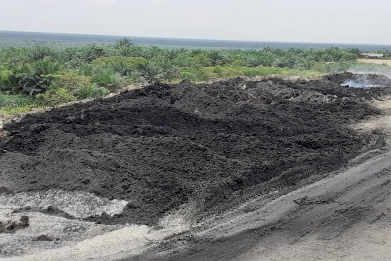 Abu pembakaran cangkang sawit di sekitar pabrik perusahaan Duta Palma Grup di Indragiri Hulu. Foto Suryadi.jpg