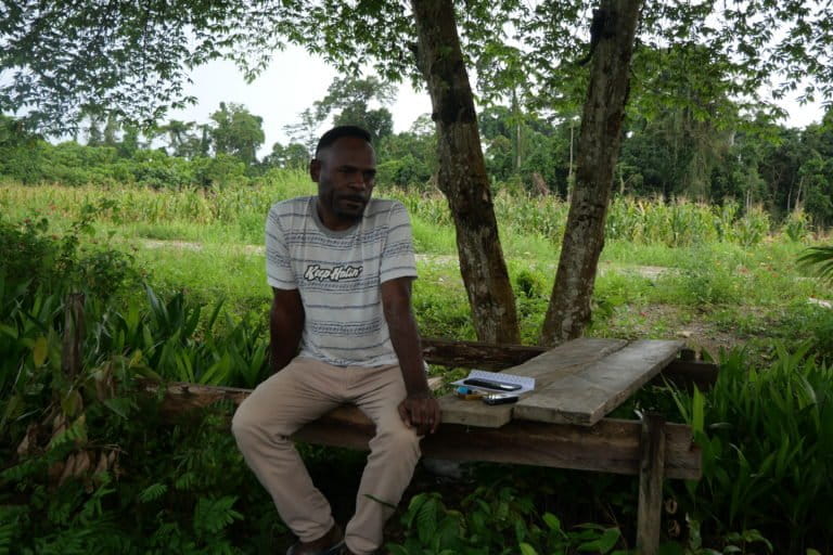 Jerry Enef, ketua marga Enef di lokasi konsesi PT Tandan Sawita Papua.JPG
