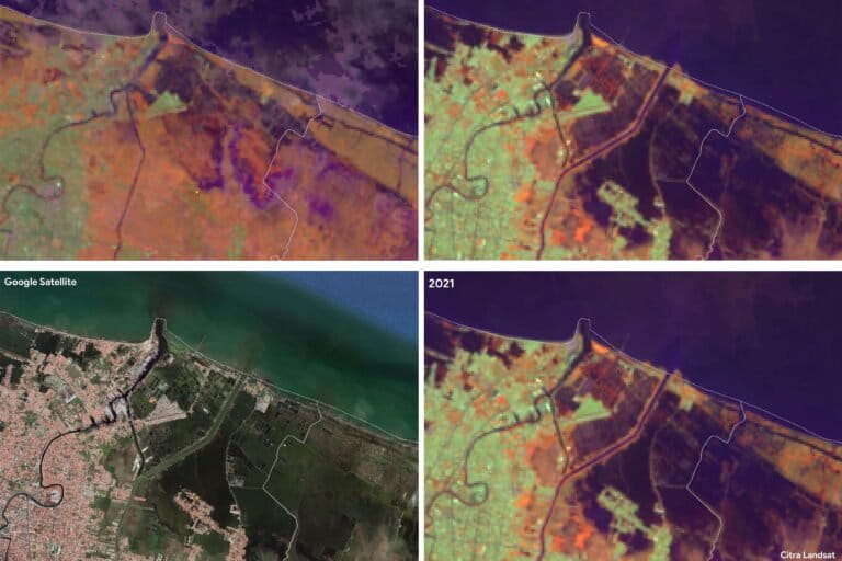 Citra satelit 2021 memperlihatkan bibir pantai tergerus dan air laut yang membasahi hampir 50% daratan di ujung utara Kota Pekalongan.
