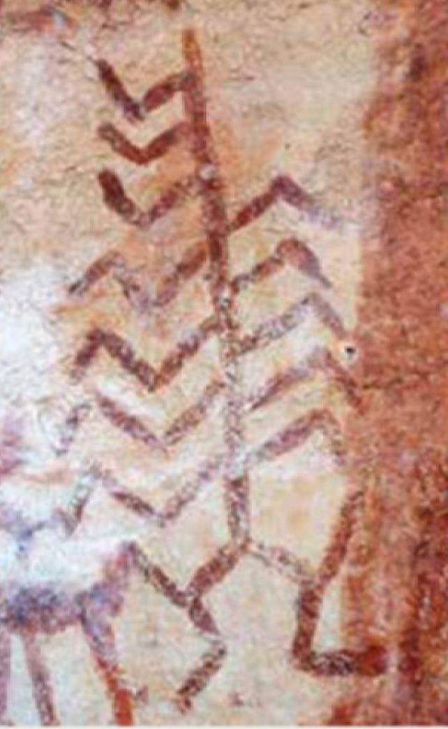 Motif tanaman dengan kaki berbentuk manusia di Demoledores Shelter. (Hampson et al., Advances in Rock Art Studies, 2024)