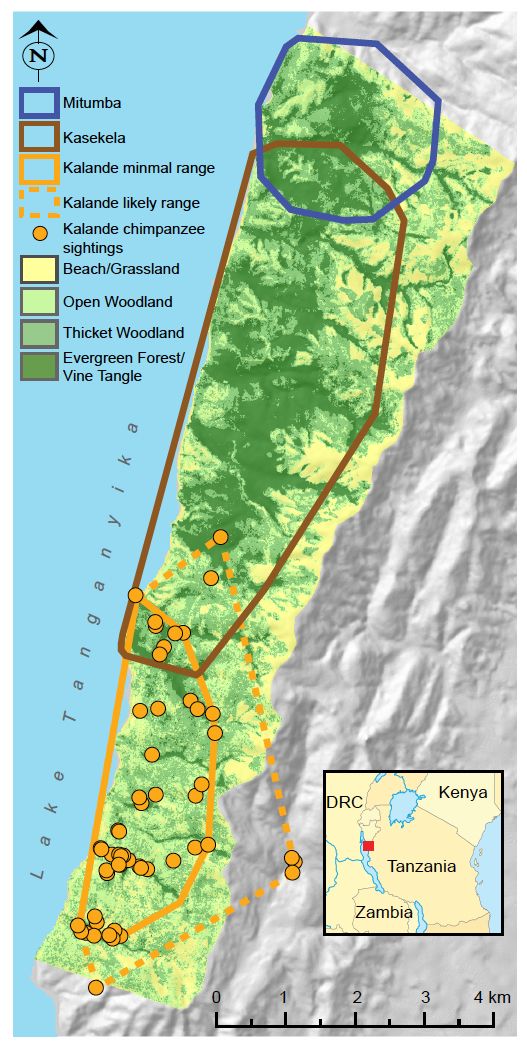 Peta Taman Nasional Gombe dan wilayah jelajah simpanse | Dari Rudicell et al., 2010