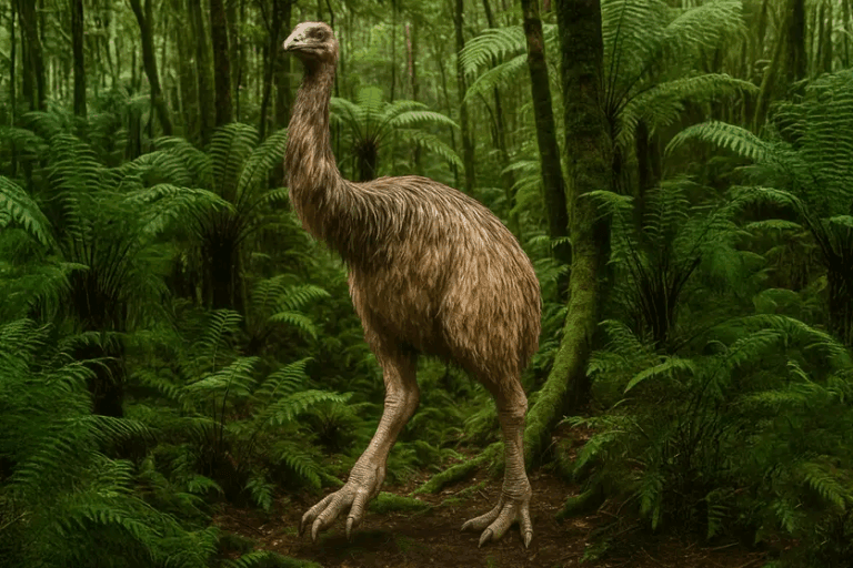 Gambaran ilustratif burung moa, salah satu burung punah terbesar yang pernah hidup di Bumi. Dengan tinggi mencapai 3,6 meter, moa pernah menjadi penguasa daratan Selandia Baru sebelum punah akibat ulah manusia. Gambar ini merupakan impresi seniman yang dibuat berdasarkan data ilmiah terbaru. Ilustrasi: Christopher Klee / Colossal Biosciences