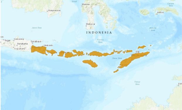 Peta sebaran Trimeresurus insularis menurut IUCN menunjukkan bahwa spesies ini tersebar luas di wilayah Nusa Tenggara dan sebagian Jawa Timur, termasuk pulau Bali, Lombok, Sumbawa, Flores, Komodo, Rote, Timor, hingga Timor-Leste. Ular ini ditemukan mulai dari dataran rendah hingga ketinggian lebih dari 1.200 meter di atas permukaan laut, tergantung pulau tempatnya berada. | UICN