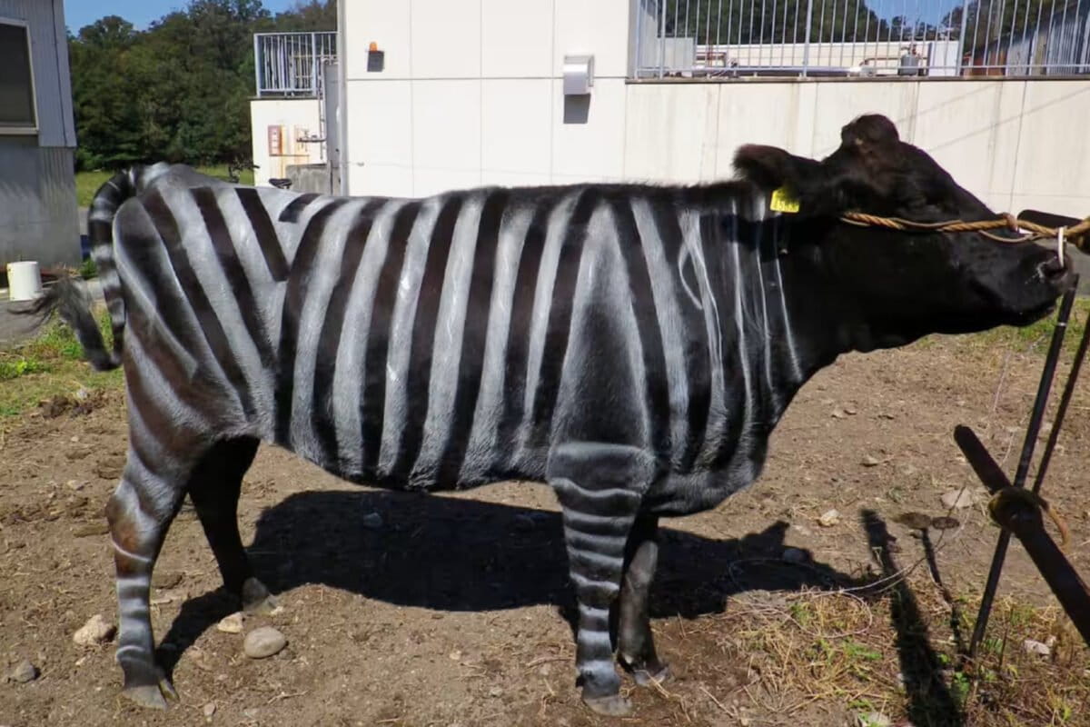 Seekor sapi hitam dicat dengan pola garis putih menyerupai zebra dalam eksperimen yang dilakukan peneliti Jepang. Pola ini terbukti mengurangi jumlah lalat penghisap darah yang hinggap | Sumber: Aichi Agricultural Research Center.