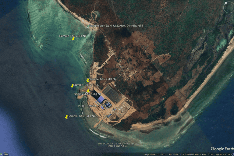 TItik-titik sample pengujian laboratorium limbah PLTU Timor-1 dari beberapa sumber menggunakan Google Earth. Diolah oleh Lusia Arumingtyas/ Mongabay Indonesia