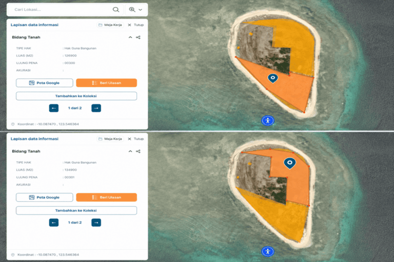 Dua bidang Hak Guna Bangunan (HGB) di Pulau Kera terdaftar atas nama PT Pitoby Raya Resort. Berdasarkan visualisasi data pertanahan, area HGB ini tumpang tindih dengan kawasan permukiman. Sumber: BHUMI ATR/BPN.