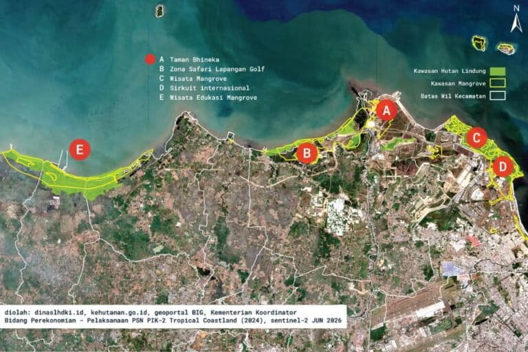 Area B merupakan hutan lindung di kawasan mangrove Desa Kramat, Kecamatan Pakuhaji, Kabupaten Tangerang, Banten. Dalam pelaksanaan PSN PIK 2 Tropical Coastland pada 2024, lokasi tersebut akan dibangun lapangan golf dan zona safari dengan luas 261 hektare. Visual Geospasial: T Purnomo untuk Mongabay Indonesia