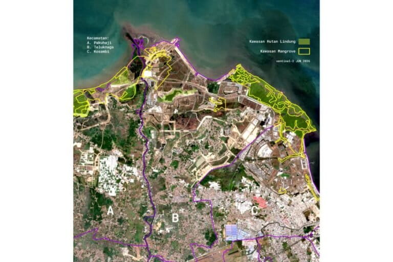 Tiga Kecamatan di Kabupaten Tangerang (A) Pakuhaji, (B) Teluknaga, (C) Kosambi, terdampak pembangunan Tropical Coastland PIK 2. Pembangunan tersebut berada di kawasan hutan lindung dan mangrove. Visual Geospasial: T Purnomo untuk Mongabay Indonesia