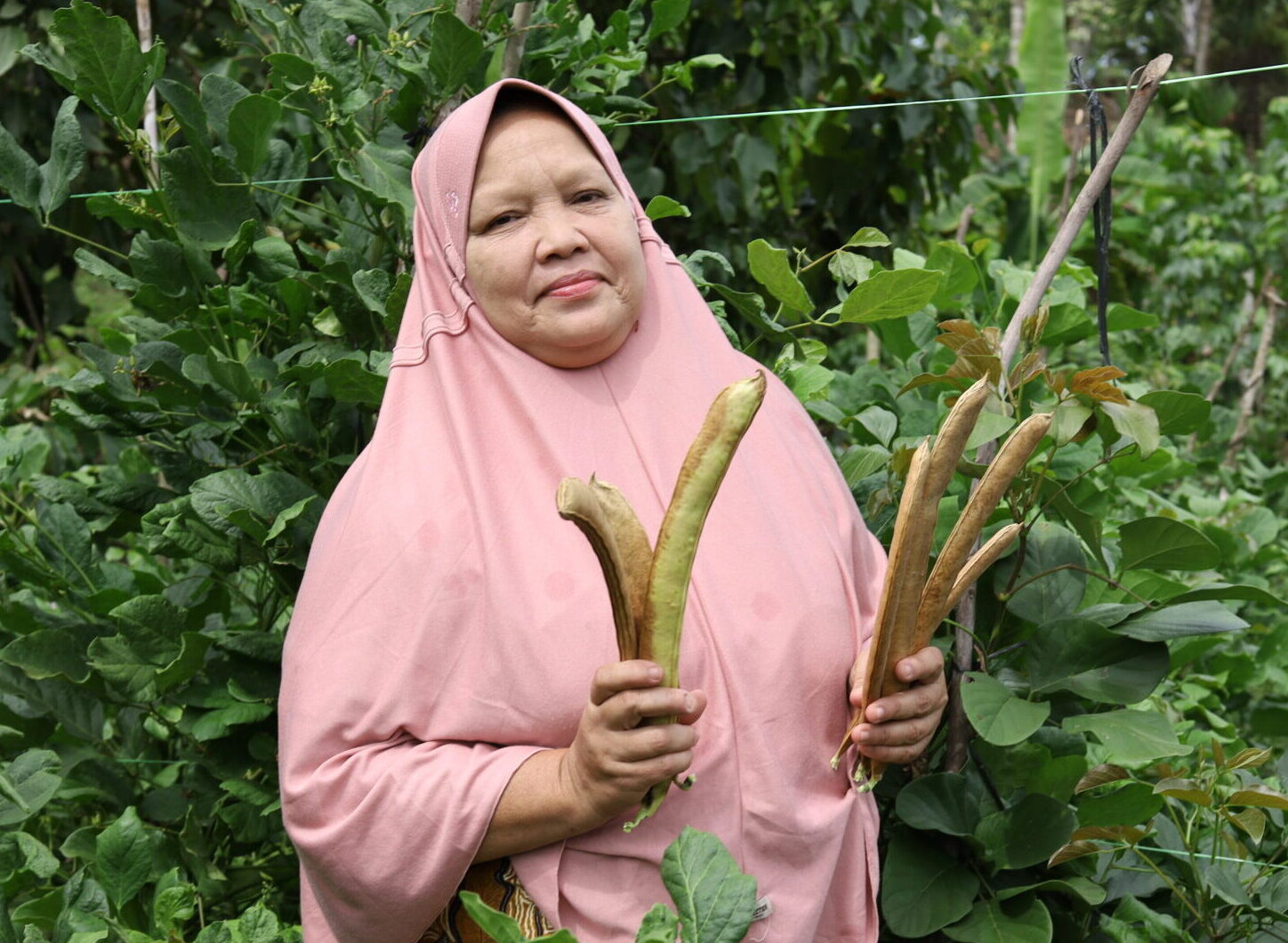 Cut Badriah menunjukkan hasil panen kacang koro pedang. Foto: Nurul Hasanah/ Mongabay Indonesia